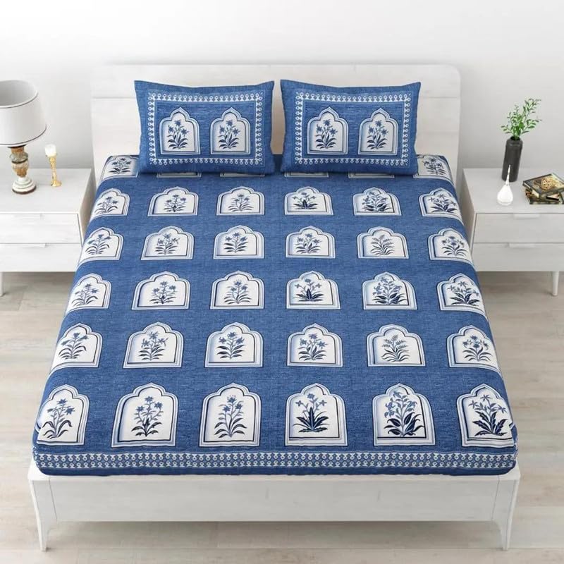 Comfortable Cotton Printed Double Bedsheet with Two Pillow Covers-ET-EXL-240-BLU