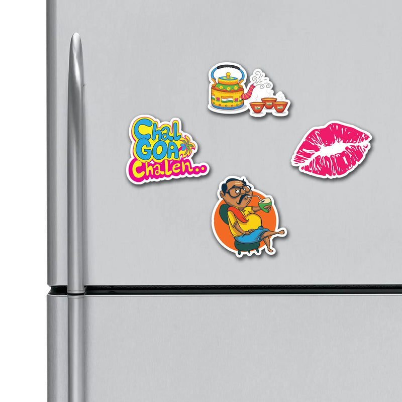 ASHVAH Chal Goa Chalen, Tea, Lips, South Indian Anna, HD Quality, Multipurpose Fridge Magnets Combo Gift for Kids, Magnetic Stickers for Refrigerator, Size 4 inches (Pack of 4)