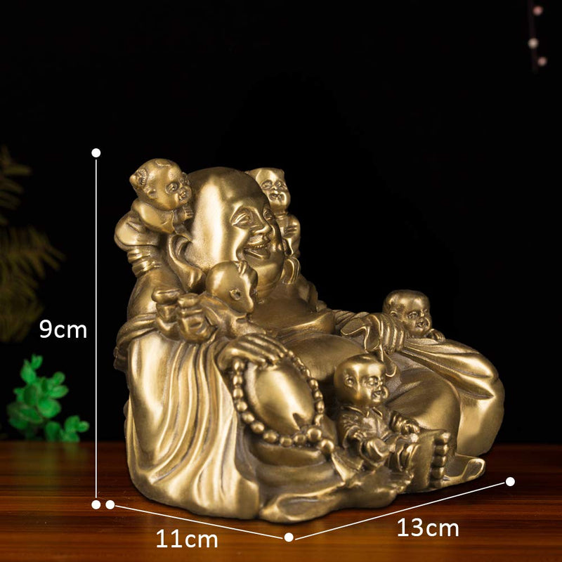 Brass Statu Chinese Fengshui Laughing Buddha Sitting with 5 Children Statue Attracting Happiness in Family Decoration Collection ZD066