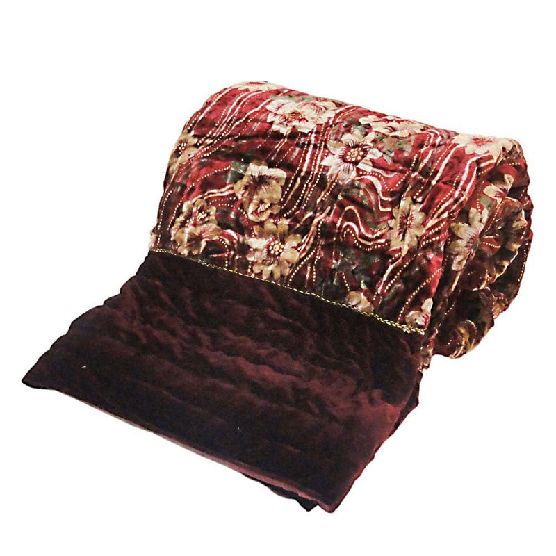 Gift and Décor Exclusive Rajasthani rajai for Winter Jaipuri razai blanketEthnic Floral Style Double Bed Maroon Velvet Quilt