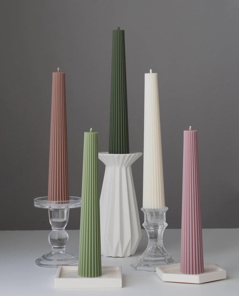 Tall Striped | Tapered Long | Striped Pillar Candles Pack of 2 Scented Soy Wax (White)