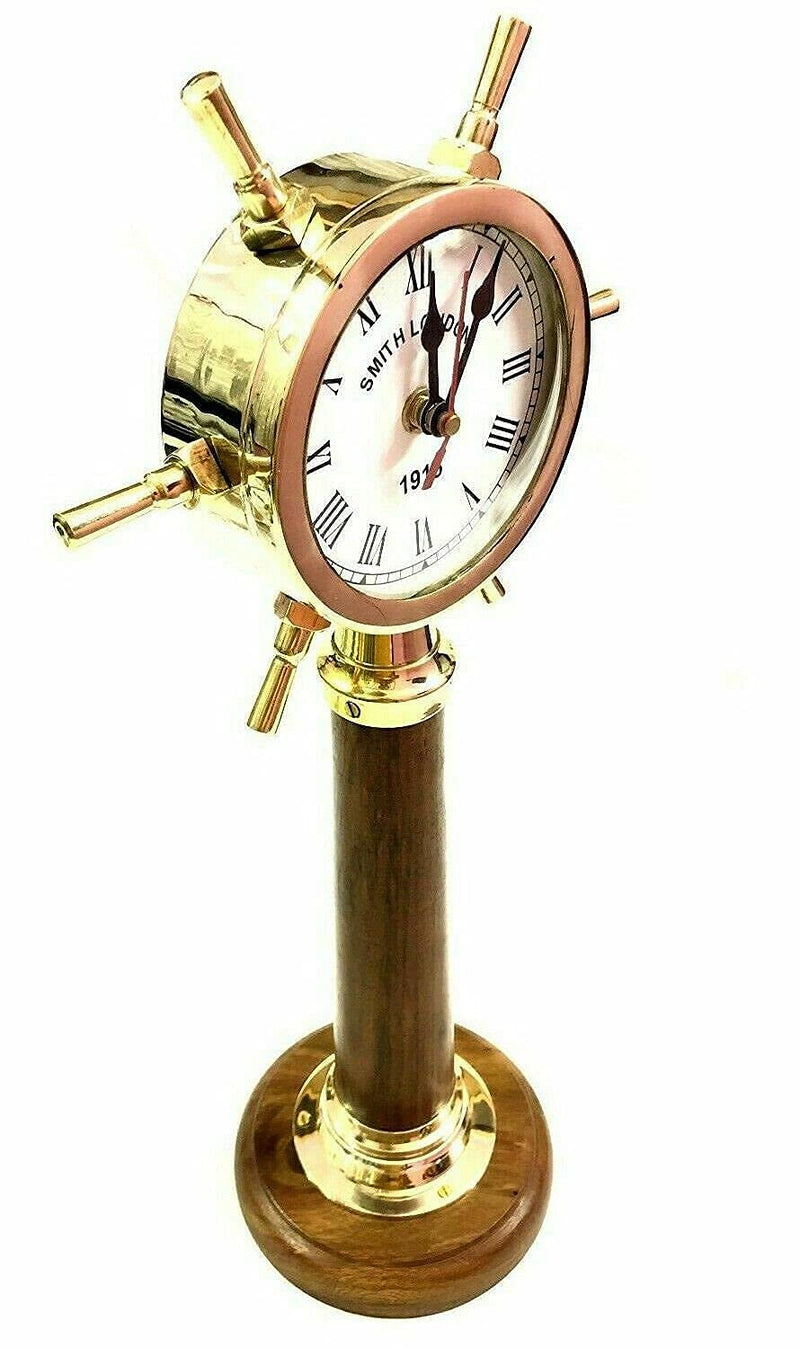 NAUTICAL COLLECTION Brass Ship Handel Table Desk Clock Roman Number Wood Stand - Hight (12 inch)