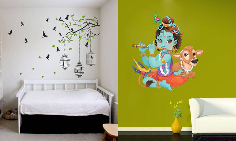 Ghar Kraft Set of 2 Wall Sticker Flying Bird with Cage and Lord Krishna Playing with Cow Wall Sticker