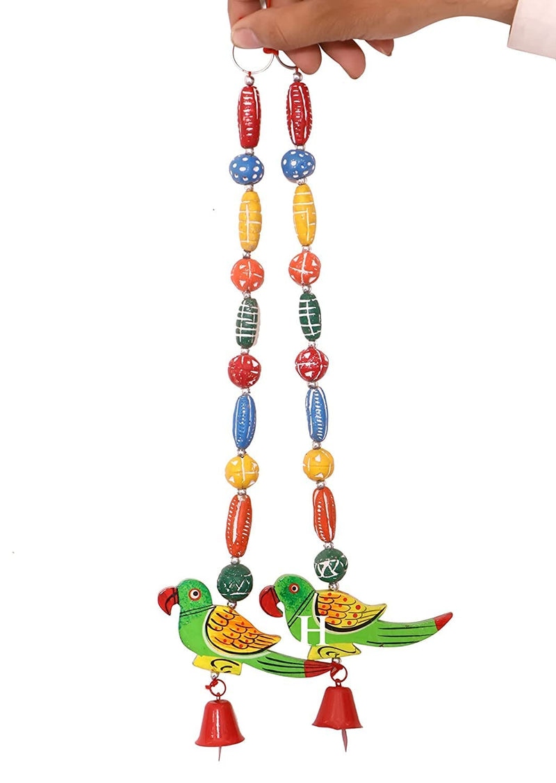 Antlantic wood store Home Decorative Wood Parrot Hanging Cum Outdoor Garden 1 Bells Wind Chime (Multi Colour) Set of 2 Pieces