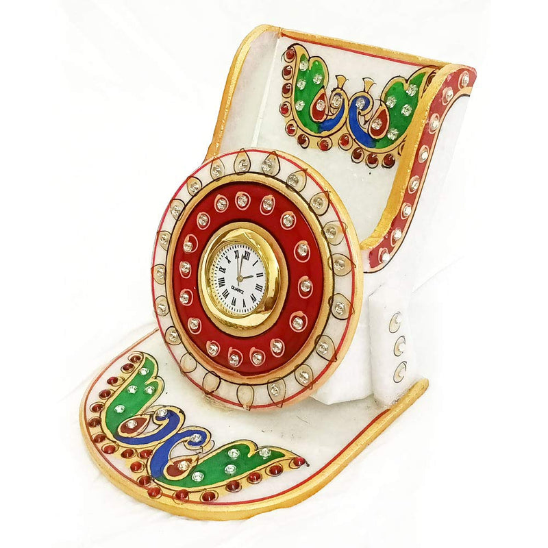 Marble Mobile Holder| Meenakari Art Handmade Decorated Table Clock Phone Stand Ideal for Office & Home Decor Showpiece| Best for Gifting - (H 11.5 cm X L 10.5 cm X W 10 cm) by Handicraft Kingdom