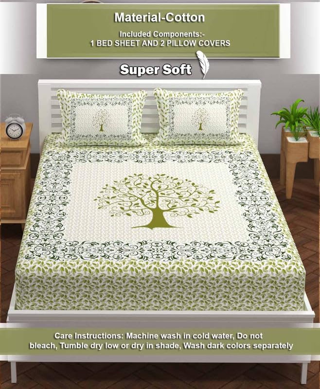 BSB HOME Hand Block Jaipuri Printed 220 TC Cotton Double Bed Bedsheet Handmade Long Lasting Color Fade Resistant Luxurious Flat Sheet (90 x 100 Inches, 230 x 254 Cm, Floral- Green & White)