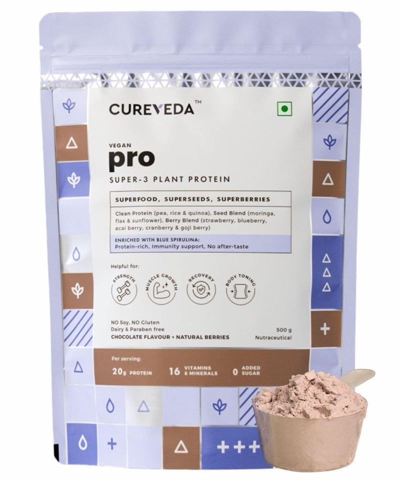 Cureveda PRO Super-3 Vegan Plant Protein powder with Superfood, Superseeds & Superberries | Chocolate (500gm)