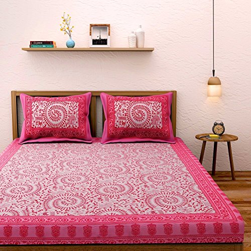 RAJASTHANIKRAFT II 100% Cotton Traditional Aadimanav Printed Cotton Jaipuri 144 TC for Double Bed King Size Bedsheet with 2 Pillow Covers (Pink, Double)