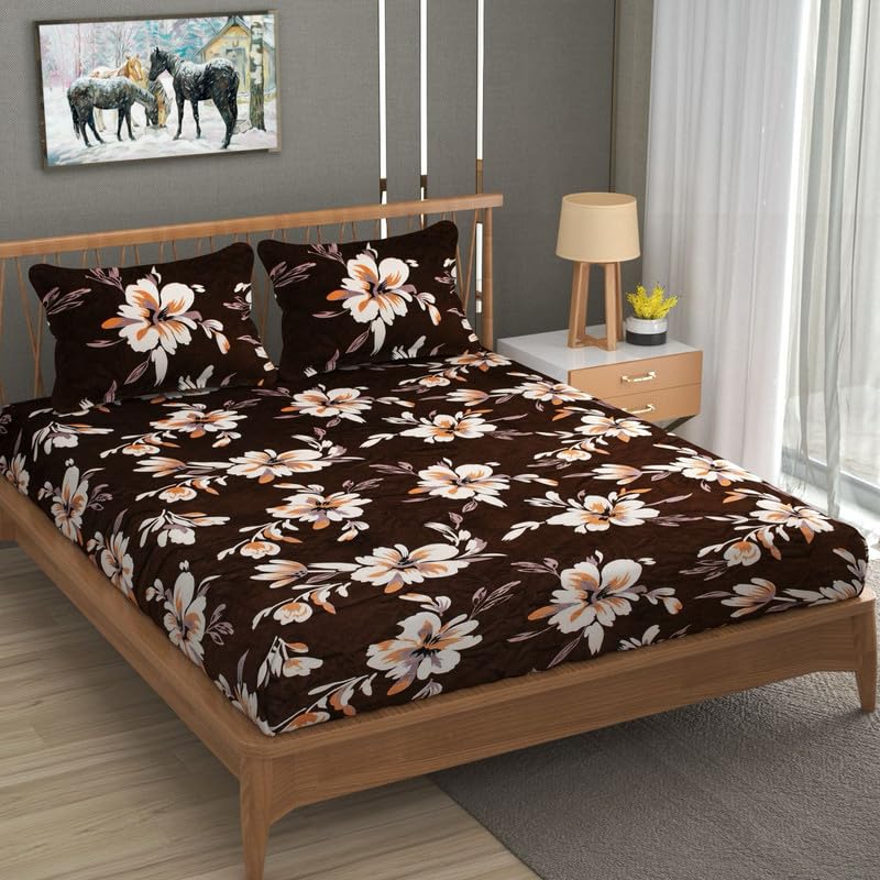 B'Decorlish Luxurious Bedsheets for Winter King Size Fitted Flannel/Warm Double Bedsheet Fully Elasticized with 2 Pillow Covers (Flower-Brown, 72 x 78 x 8 Inches, King)