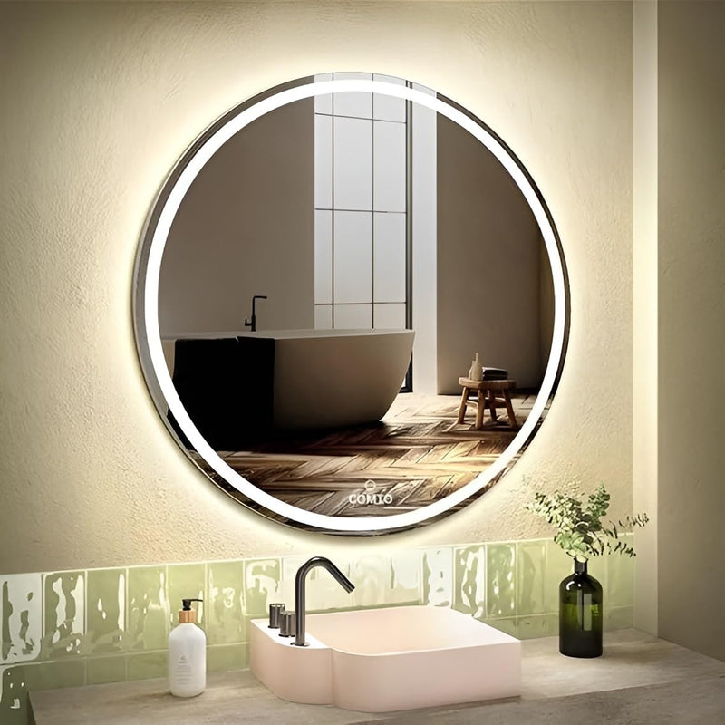 COMTO Round LED Wall Mirror for Bathroom Wash Basin Mirror 3 LED Lights (Warm,White,Natural White) Size 28x28 Inch Framed