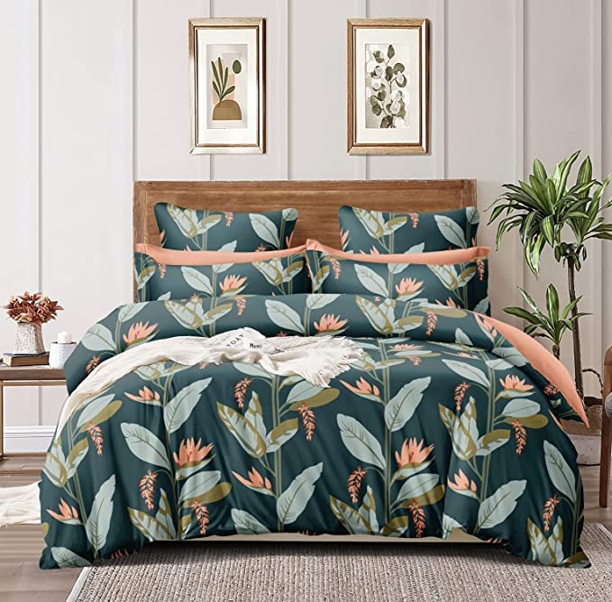 TIB The Intellect Bazaar Glace Cotton Zipper Duvet Cover with Elastic Fitted Bedsheet Queen Size and 2 Pillow Covers (4 Pcs Set 80x90 / 60x78) Leaves Green