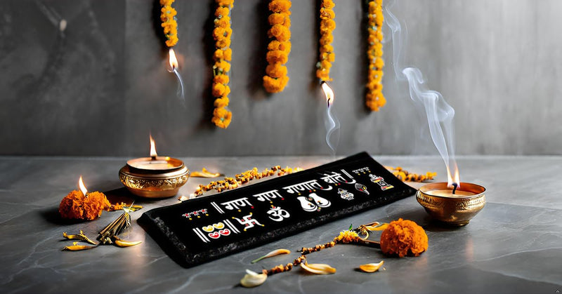 Chaitrangan Art Granite Rangoli 12 Inch X 3 Inch Gan Gan Ganat Bote, Paula, Swastik, Om, Tulsi, Shankh, Traditional for Home Décor, Pooja Mandir, Door Entrance