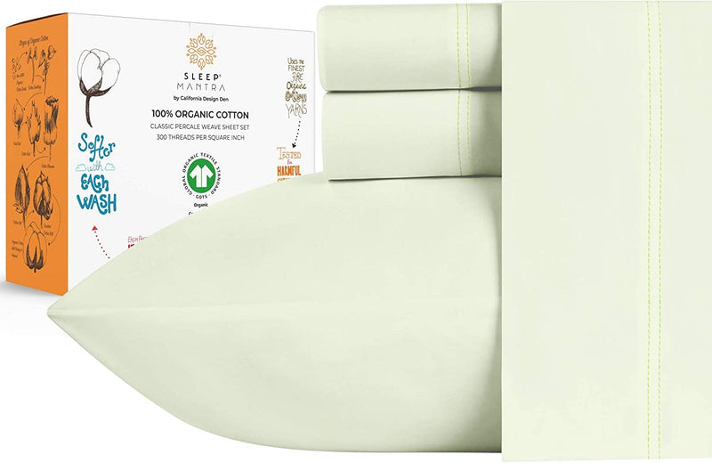 100% Organic Cotton Bed Sheets - Crisp and Cooling Percale Weave, Breathable 4 Piece Sheet Set, Deep Pocket with All-Around Elastic (King, Pistachio Green)