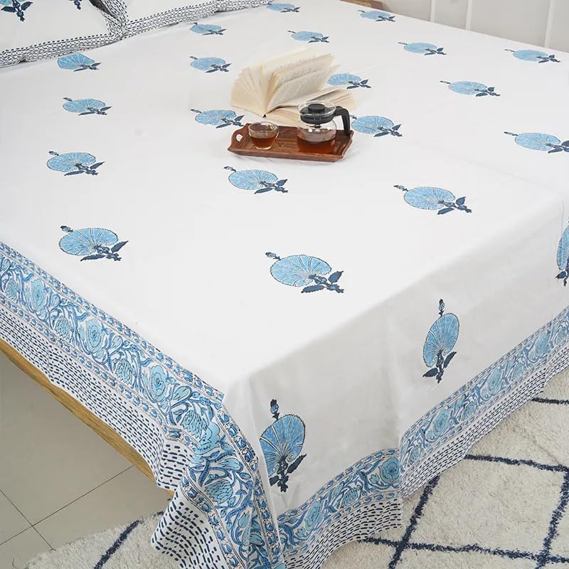 THE JAIPUR WALA Premium Hand Block Printed Pure Cotton Bedsheet-Set King Size (Floral Blue)