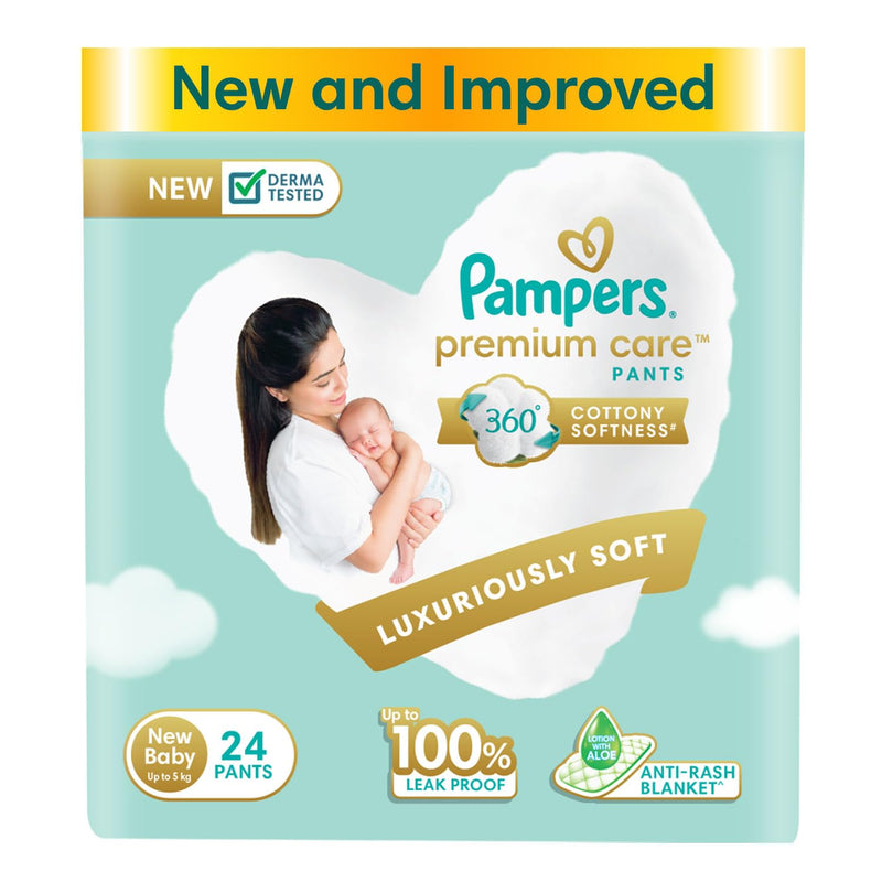 Pampers Premium Care Pant Style Baby Diapers, New Born/X-Small (NB/XS), 24 Count, All -in-1 Diapers with 360 Cottony Softness, Upto 5 Kg Diapers