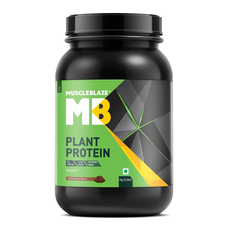 MuscleBlaze Plant Protein, 24 g Vegan Protein, 4.15 g BCAAs, No Added Sugars (Rich Chocolate, 1 kg / 2.2 lb)