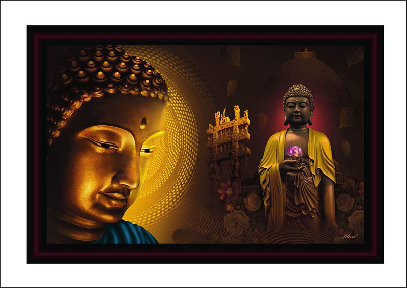 SAF Buddha UV Coated with Unbreakable Glass Framed Painting 20 Inch X 14 Inch SANFM30001A