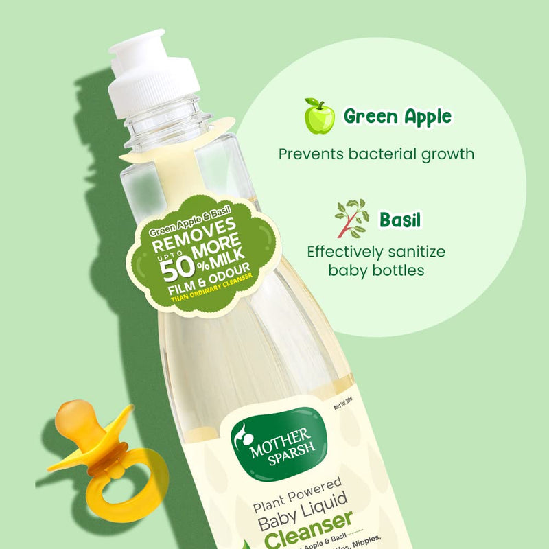 Mother Sparsh Plant Powered Natural Baby Liquid Cleanser with Basil & Green Apple Extract | for Baby Bottles, Nipples, Accessories and Toys Cleaning - 500ml