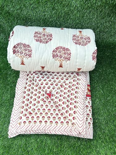 FABDESIGN QUILTS Jaipuri Razai Tree Print Double Bed Rajsthani Traditional Hand Stitched Lightweight Pure Cotton Winter and Summer Jaipuri Ac Quilt Razai/Rajai/Blanket/Comforter - (88X103) Maroon