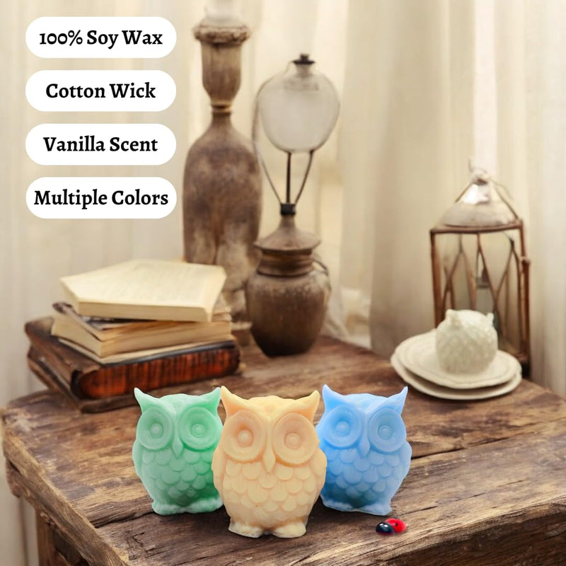 BeVibrance Soy Wax Owl-Shaped Candle (Pack of 3) - Vanilla & Fruit Scent, 20-25hr Clean Burn, Non-Toxic, Perfect for Gifting & Home Decor, 100% Soy, Aromatic - Yellow, Green & Blue