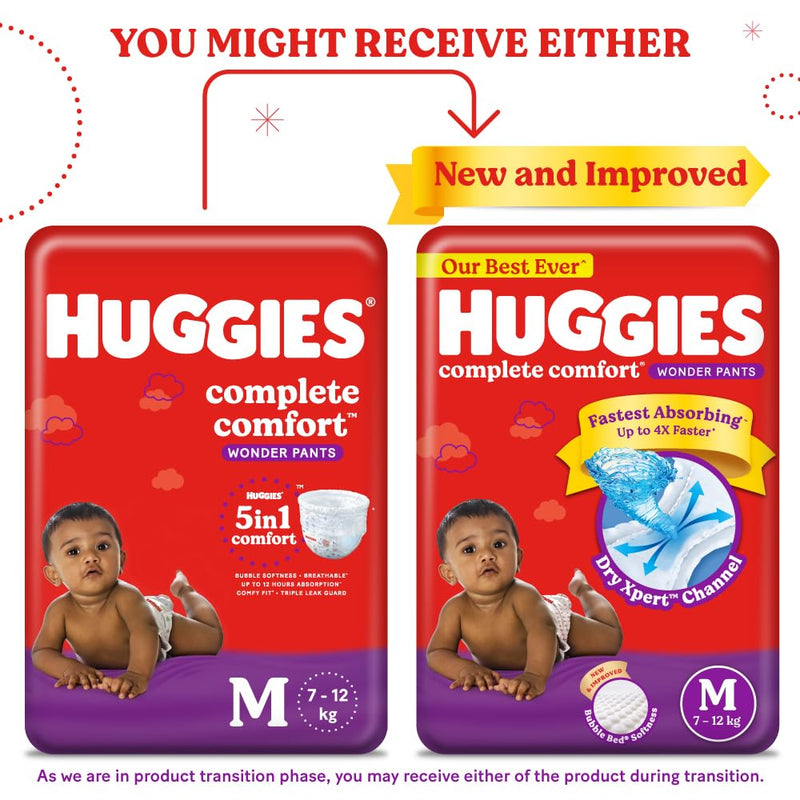 Huggies Complete Comfort Wonder Pants Medium (M) Size (7-12 Kgs) Baby Diaper Pants, 152 count| India's Fastest Absorbing Diaper with upto 4x faster absorption | Unique Dry Xpert Channel