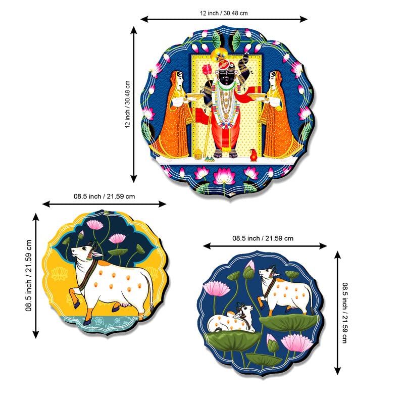 SAF Set of 3 Shrinath ji and cow pichwai modern art beautiful round shape wall painting for living room, home decoration, bedroom (1 Pc.-12 inch x 12 inch, 2 Pcs.- 8.5 inch x 8.5 inch) JLR44-S2L1