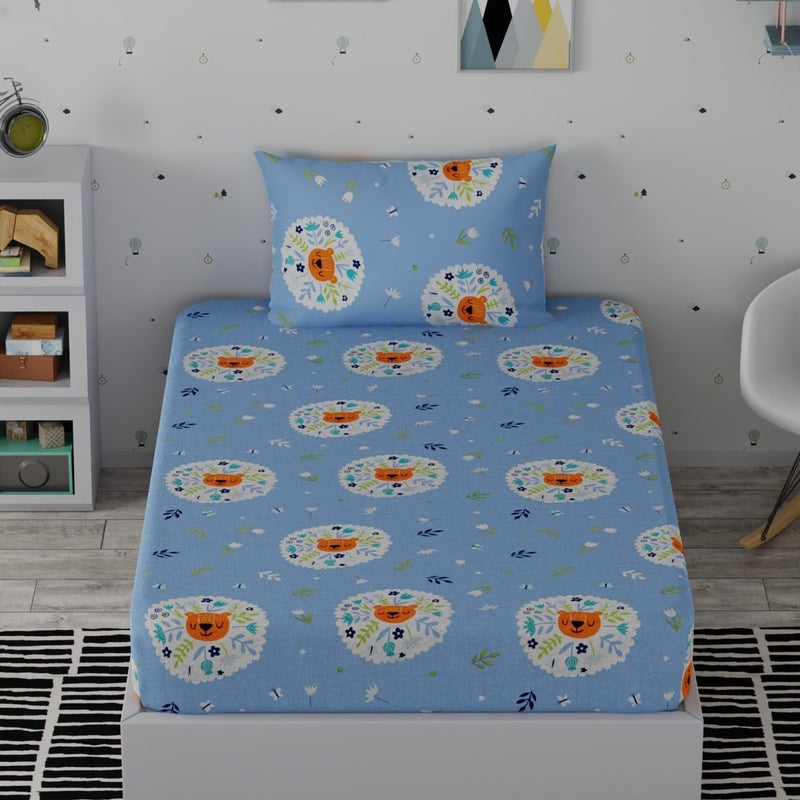 Huesland by Ahmedabad Cotton 186 TC Kids Bedsheet for Single Bed with 1 Pillow Cover - Powder Blue & White