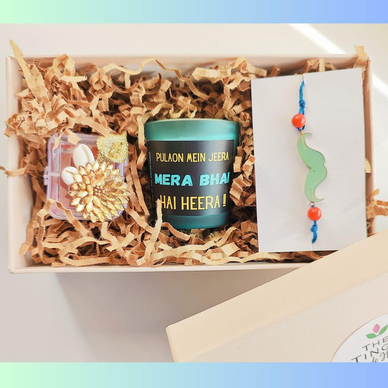 THE TINGE Mera Bhai Hai Heera Musk Scented Candle Rakhi Hamper with Rakhi and Roli Chawal HamperRakhi Roli Chawal Rakshabandhan Gift Hamper Box for Brother Sister