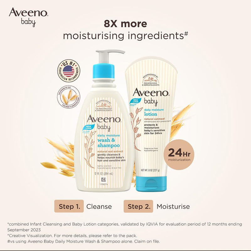 Aveeno Baby Daily Moisture Wash and Shampoo (354ml) | With oat kernel extract, glycerin and water | Hypoallergenic, soap-free, pediatrician recommended | Nourishes, soothes, & protects baby's sensitive skin