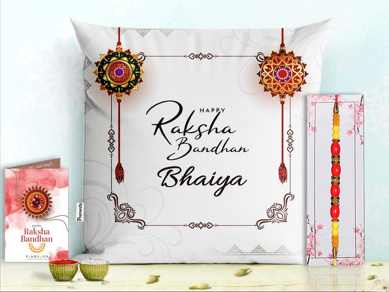 Pillow Rakhi for Brother with Gift - Rakhi with Rakhi Cushion with Filler Greeting Card- Rakhi for Brother, Gifts for Brother, Gifts for Rakhi, Gifts for Rakshabandhan Rakhi Gifts-PD-CU-16