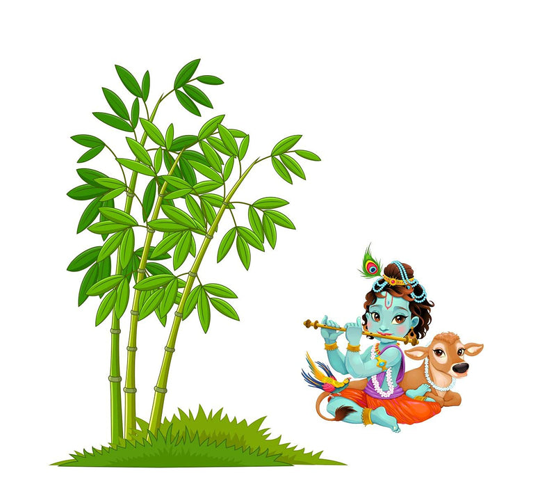 Asmi Collections Wall Stickers Little God Krishna Playing Flute Under a Bamboo Tree with Cow