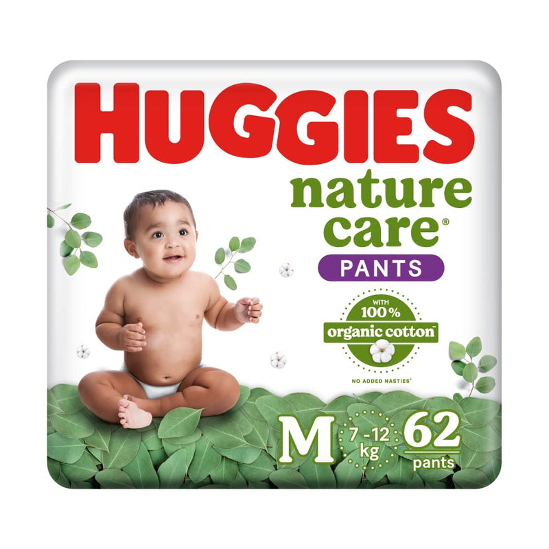 Huggies Nature Care Pants, Medium Size (7-12 Kg) Premium Baby Diaper Pants, 62 Count, Made with 100% Organic Cotton