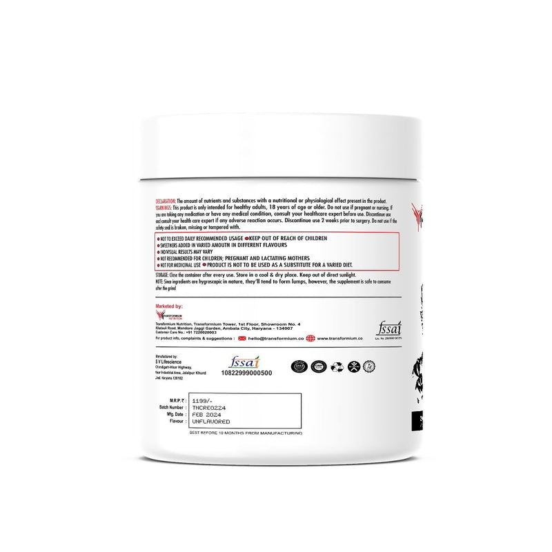 Transformium Nutrition Pure Creatine Monohydrate (83 Servings, 250 gm) for Increased Muscle Mass, Strength, Power, Fast Recovery, Rapid Absorption (Unflavoured)