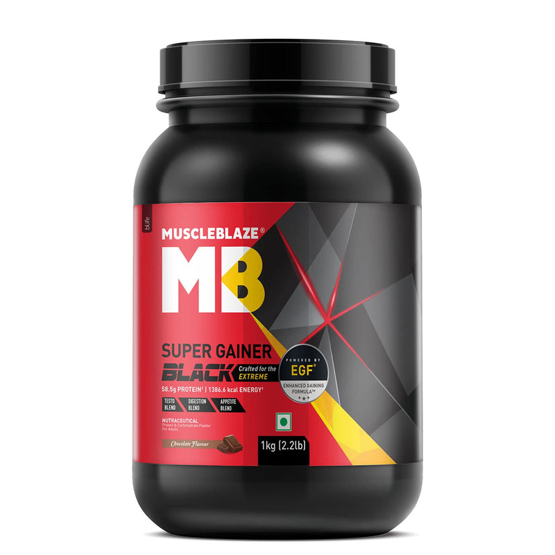 MuscleBlaze Super Gainer Black (Chocolate, 1 kg / 2.2 lb Powder)with Enhanced Gaining Formula- Appetite, Digestion & Testo Blend for Muscle Mass Gain