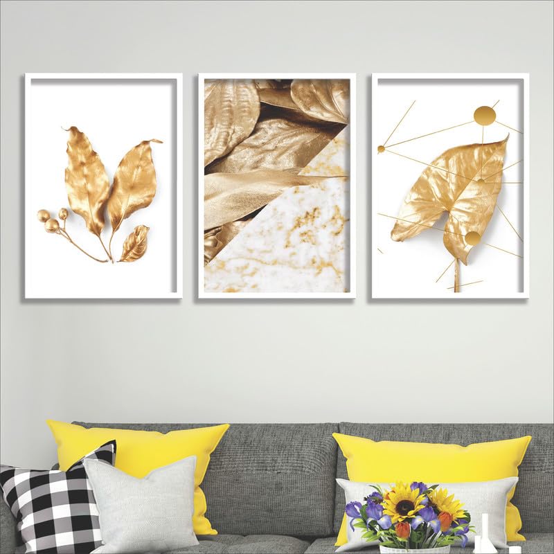 SAF paintings Set of 3 Golden Leaves Wall Painting for Home Decoration SA-WHITEMX33510