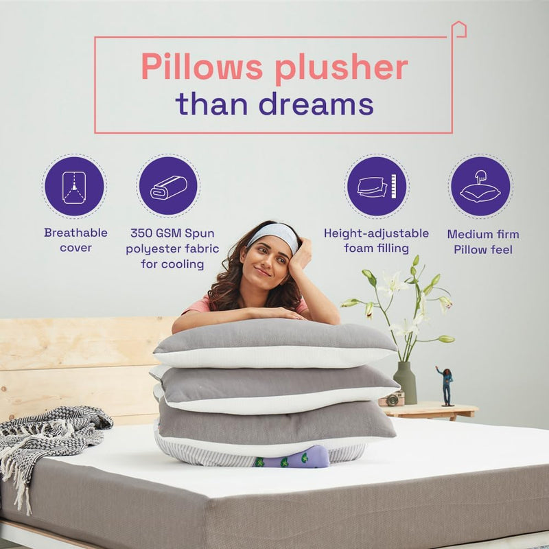 Height Adjustable Hollow Fibre Sleeping Pillow with Zip | Set of 1 (White and Grey, 27 x 16 Inches) 3 Months Warranty (1)