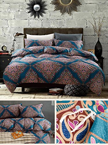 King, Teal : Damask Medallion Luxury Duvet Quilt Cover Boho Paisley Print Bedding Set 400 Thread Count Egyptian Cotton Sateen Vibrant Bohemian Pattern (King, Teal)