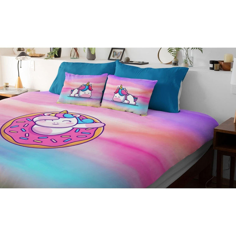 Hopcara Birthday Gifts Velvet Designer Kids Donut Unicorn Printed Double King Size Bedsheet (100x100 Inches/250CT) with 2 Matching Pillow Covers