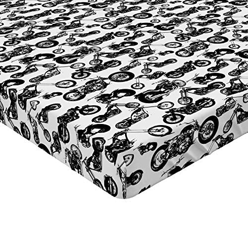 Ambesonne Motorcycle Fitted Sheet, Retro Chopper Pattern Monochrome Motorbike Design Adventure Cruising Theme, Bed Cover with All-Round Elastic Deep Pocket for Comfort, King Size, Charcoal Black