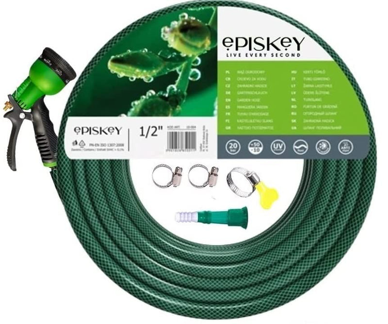 EPISKEY® Heavy Duty Expandable Garden Hose - Flexible Water Pipe with Double Latex Core, 7 Pattern Spray Gun, Braided Outer Layer - Small No Kink Hose (Multicoloured) (10 Meter)