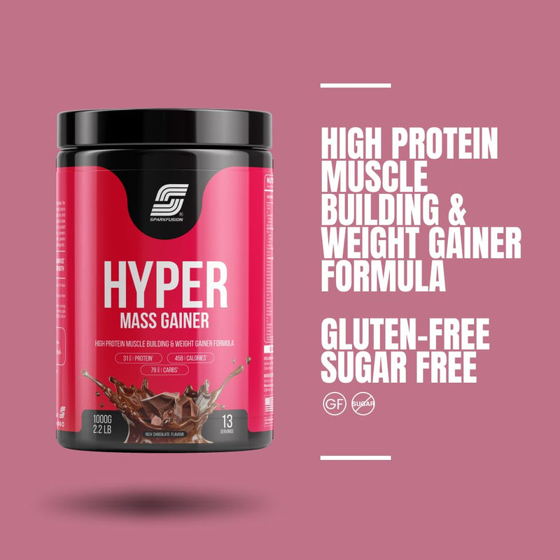 Sparkfusion Hyper Mass Gainer High Protein Muscle Building&Weight Gainer Formula Powder 31G Protein,79G Carbs,458 Calories With Milk For Muscle Support&Muscle Mass Gain 1000 Gram Chocolate Flavour