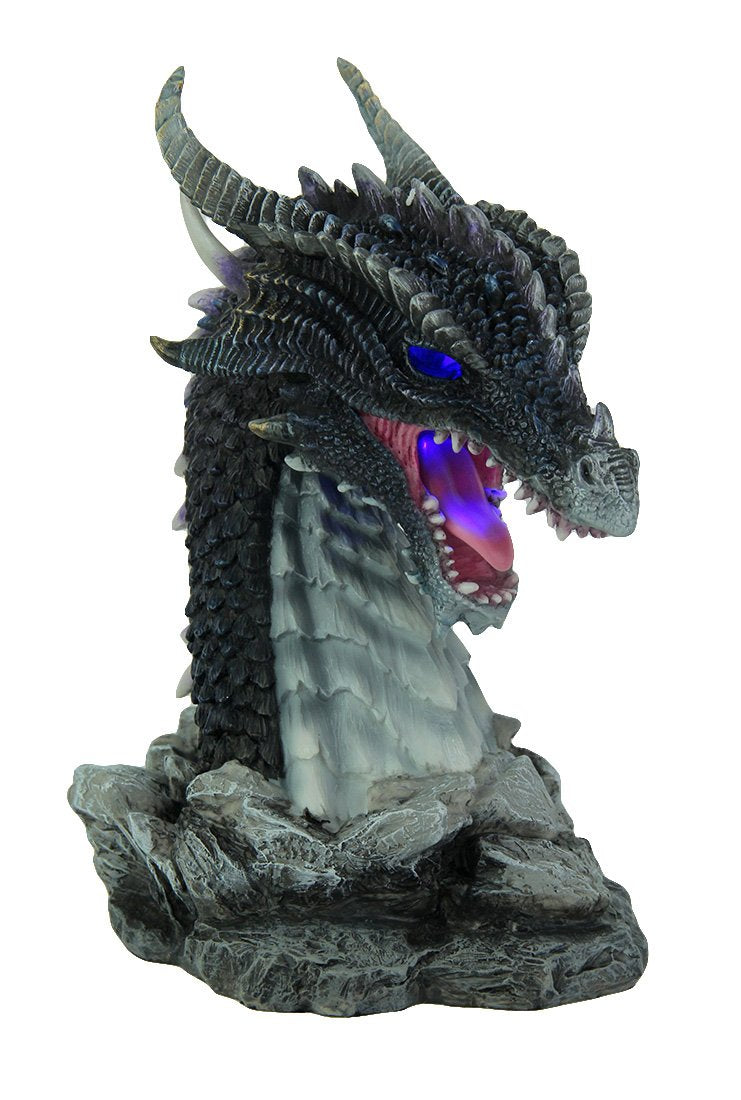 Veronese Resin Statues Hand Painted Obsidian Dragon Bust Statue with Led Lights 6 X 8.25 X 5 Inches Gray