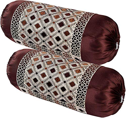 HSR Collection Decorative Chenille Bolster Pillow Cover, Round Pillow Cover Set of 2-32 x 16 inches | Brown