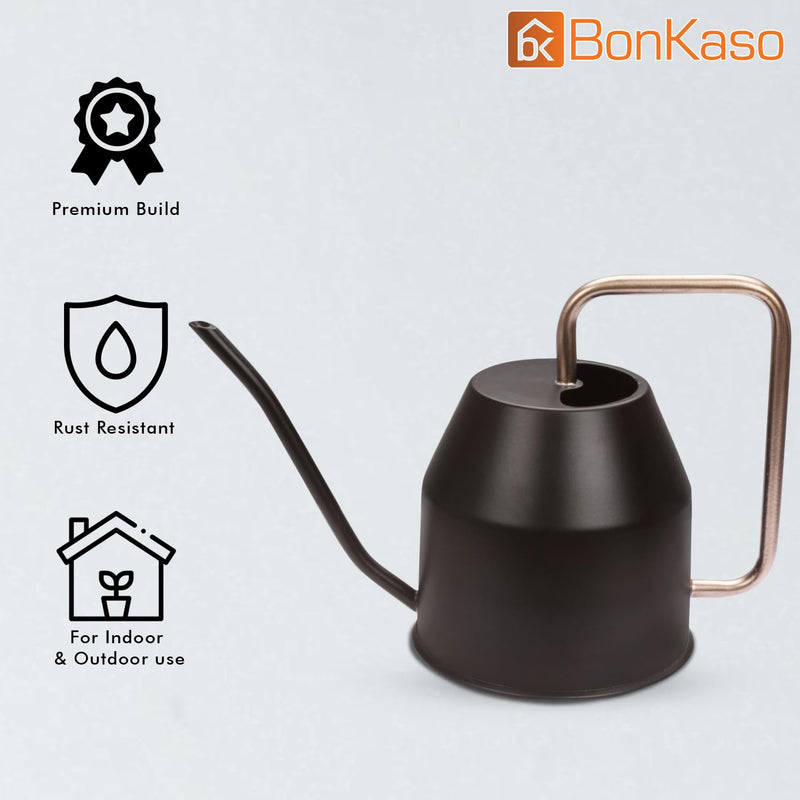 BonKaso 1 Litre Metal Watering Can Pot for Home Gardening Watering Plants & Flower, Stylish Long Spout Handle (Brown- 1 Liter)