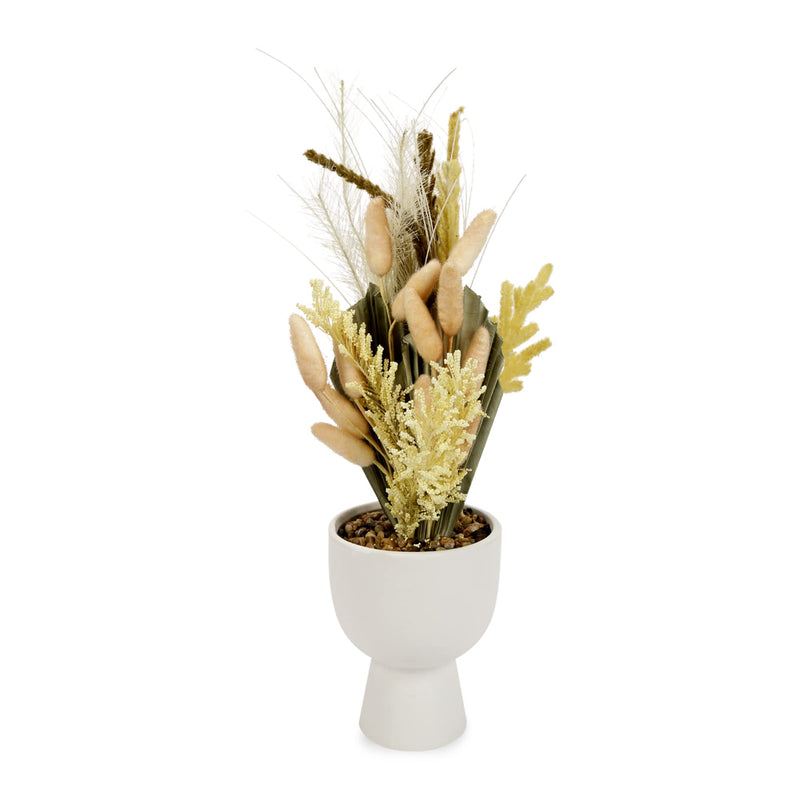 Anko Artificial Bleached Greenery Bunch with White Stoneware Vase | Decorative Items for Home, Office, Bedroom, Balcony, Living Room, Table Top | Natural Look Artificial Plant for Home Décor