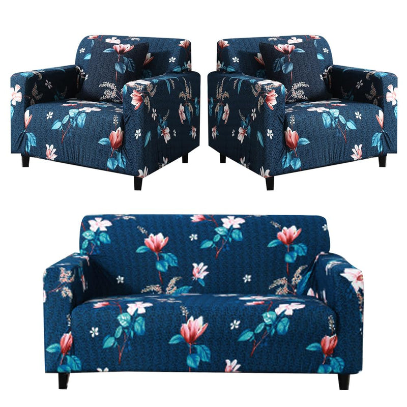 Furshine Blue Lotus Sofa Cover One 3 Seater and Two 1 Seater Fully Covered Universal 5 Seater for Living Room Non-Slip Sticky Elastic Stretchable Couch Sofa Set Slipcover Protector