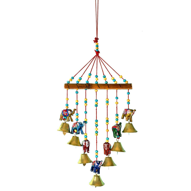 Bhumiyaan Rajasthani Wood Based Hand Made Elephant Wind Chime with Bells for Home/Office/Garden Decoration Door/Wall Hanging (1)