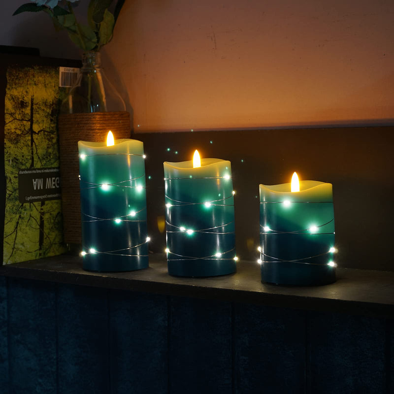 Xinhidar Flameless Candle is Rechargeable, Equipped with Embedded String Lights, 3 LED Candles, 11 Key Remote Control, 24-Hour Timer Function, pulsating Flame, Real Wax. (Ocean Blue)