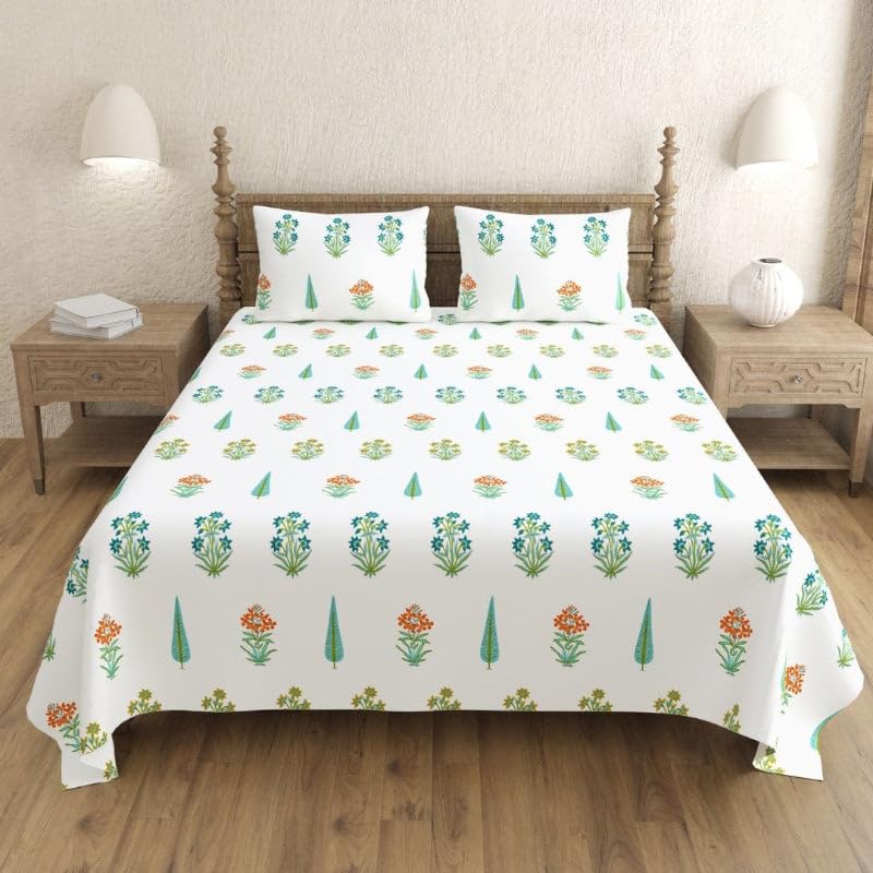 TIQH Breathability Hand Block Jaipuri Printed 260 TC 100% Cotton Luxurious Handmade Super King 108"x108" Bed Sheet with Pillow Covers (White-Green)