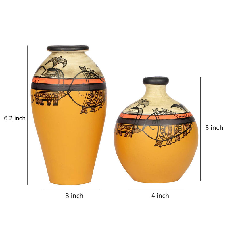 ARTYSTA BEAUTIFYING LIVES Earthenware 'Madhubani Fauna' Yellow Handpainted Terracotta Oblong Flower Vase, Terracotta Decorative For Home Earthen Flower Vases Pots For Home & Office (Set Of 2)